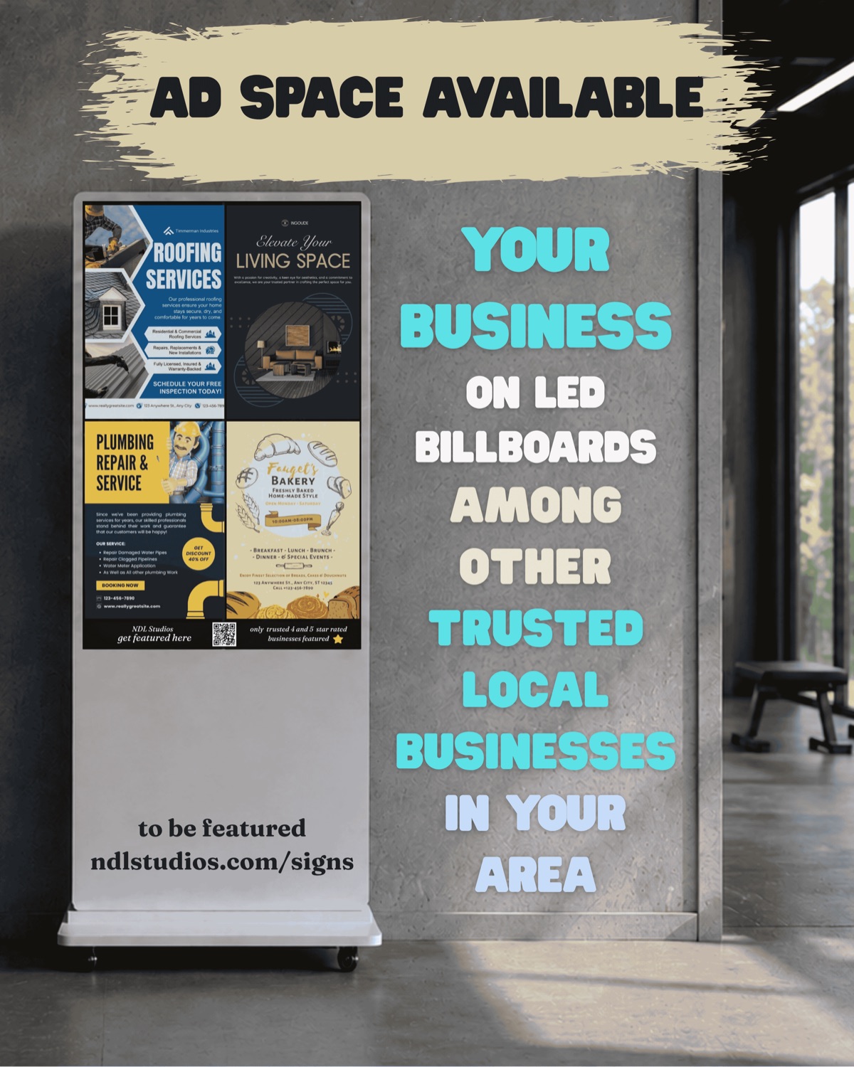 A NextdoorLegends digital sign standing in a gym, showing ads for a roofing company, an interior design studio, a plumber and a bakery, with one spot open.