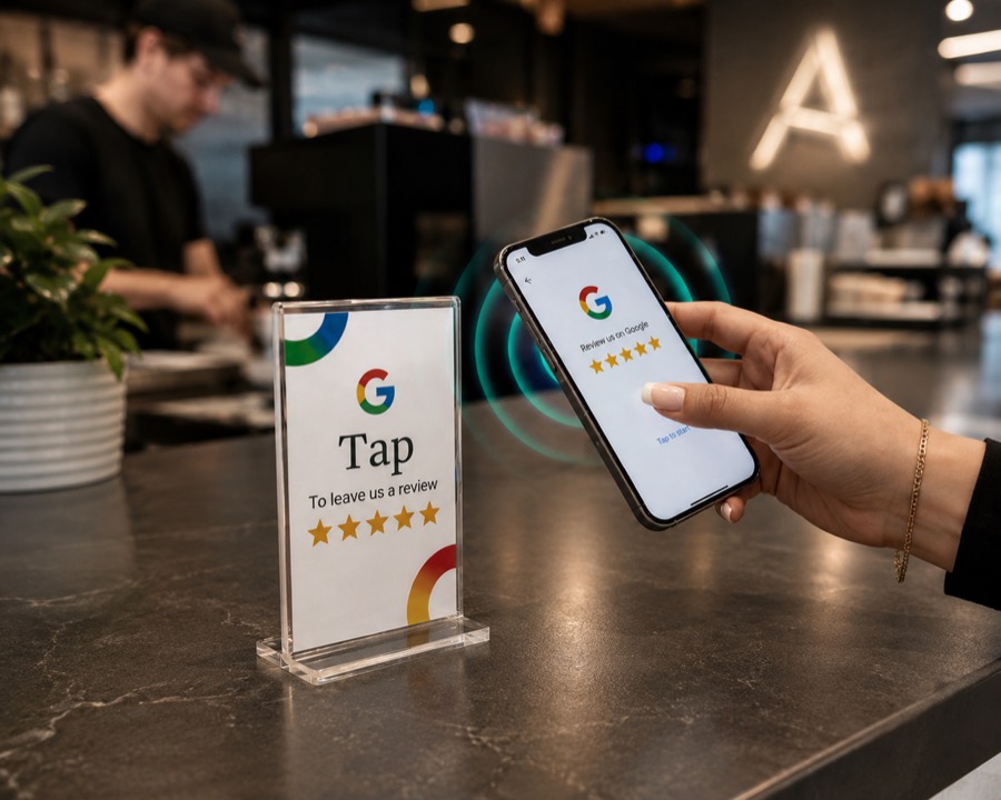 Customer tapping a phone on a tapcard at a cafe counter