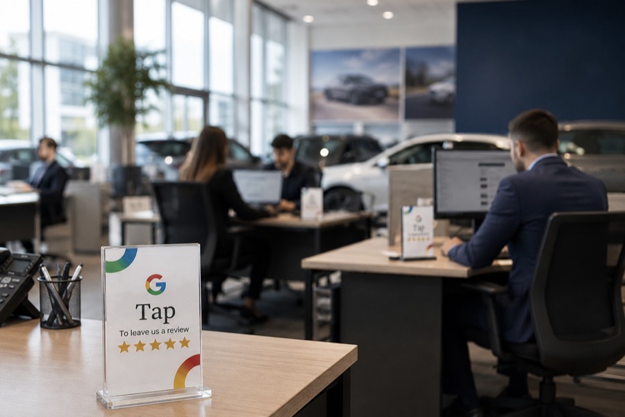 Tapcard on a sales desk in a car dealership showroom