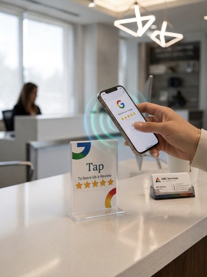 Tapcard on a reception desk beside a business card holder